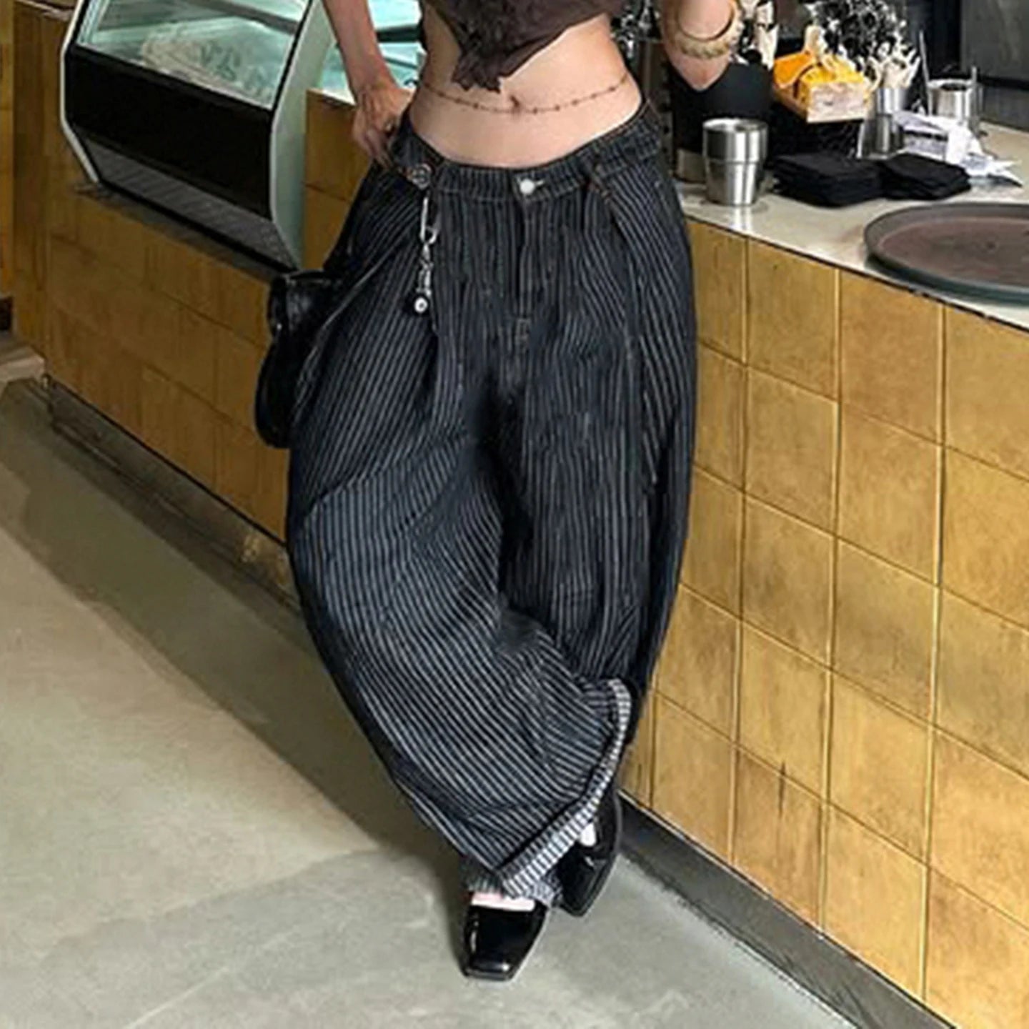Striped Wide Leg Jeans - Low Rise Relaxed Retro Grunge