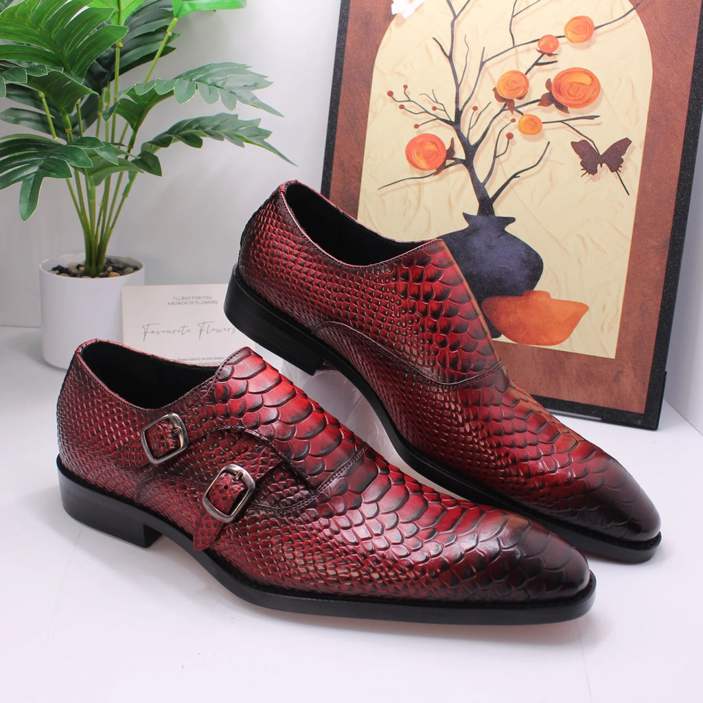 CROCODILE GRAIN DRESS SHOES - Men's Handmade Cow Leather Lace-Up Brogue Business Shoes Waterproof - Black & Red