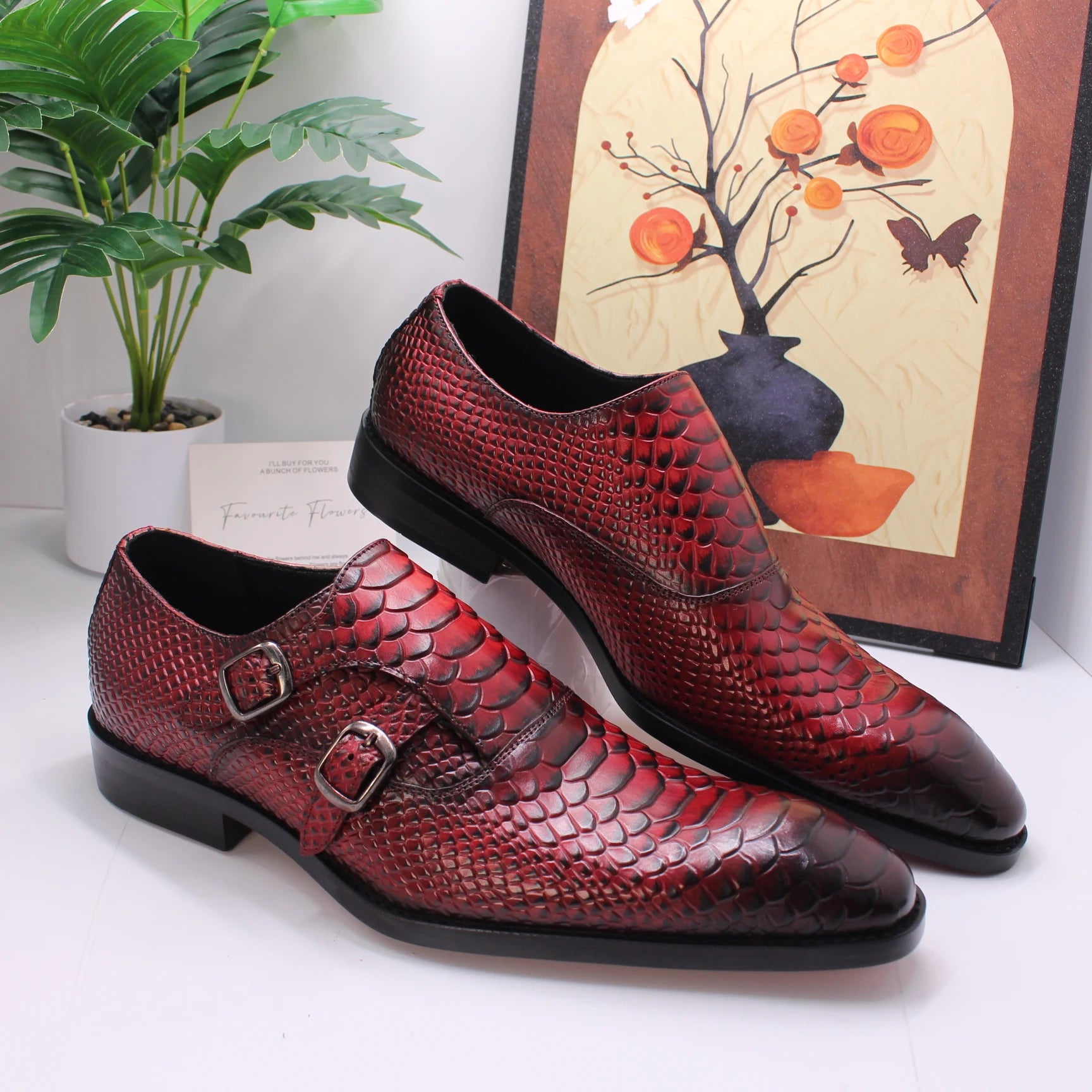 CROCODILE GRAIN DRESS SHOES - Men's Handmade Cow Leather Lace-Up Brogue Business Shoes Waterproof - Black & Red