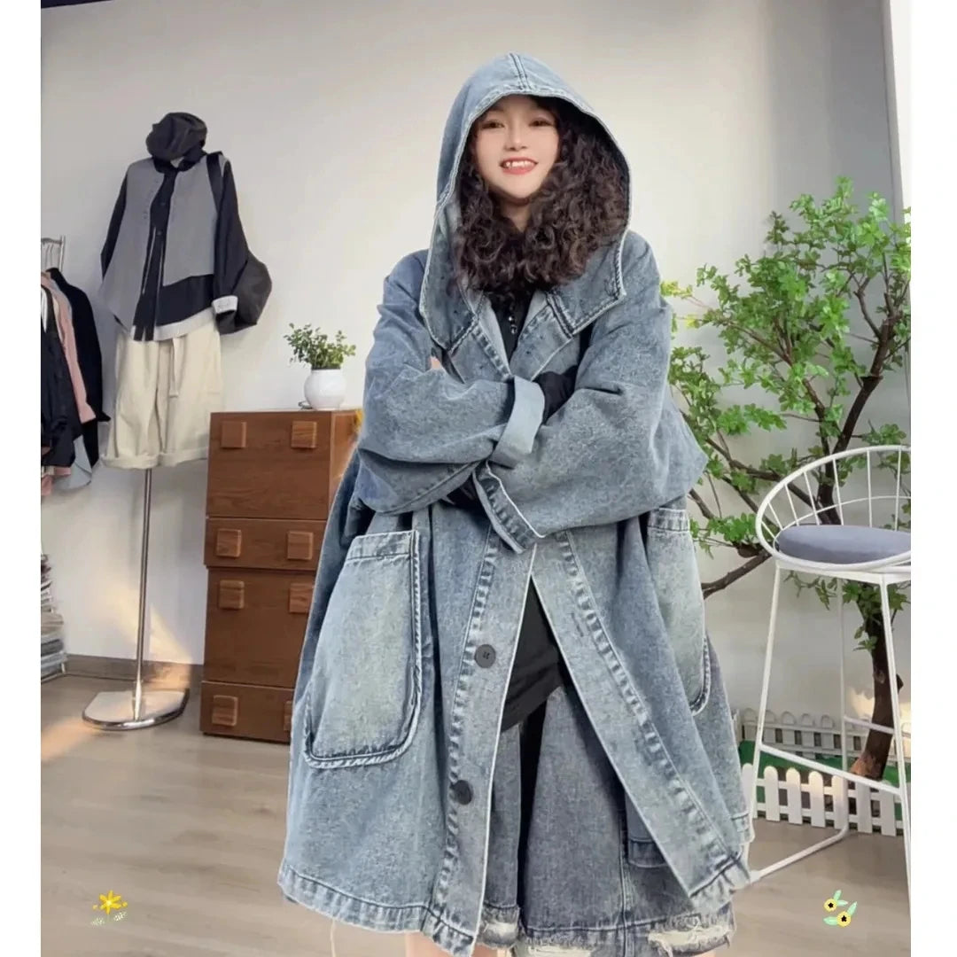 Oversized Hooded Denim Trench Coat