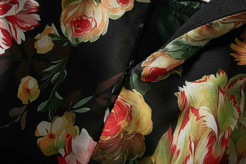 Ladies Elegant Floral Print Long Sleeve Dress Summer Beach Chiffon Ruffled Collar Dress Elegant Elasticity Waist A-Line Sundress