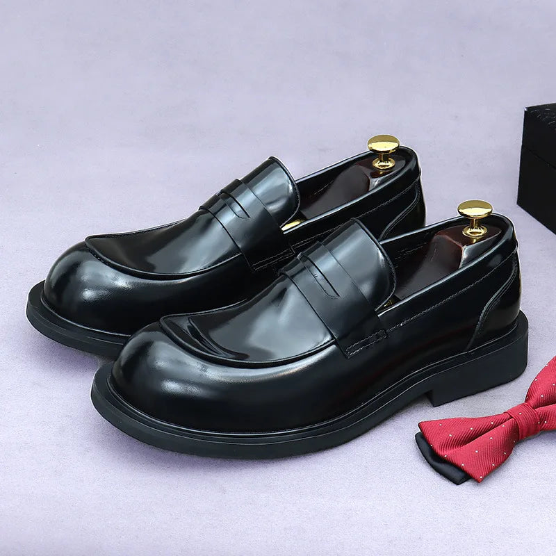 Men's Genuine Leather Slip-On Shoes - Bright Lacquered Round Toe British Style