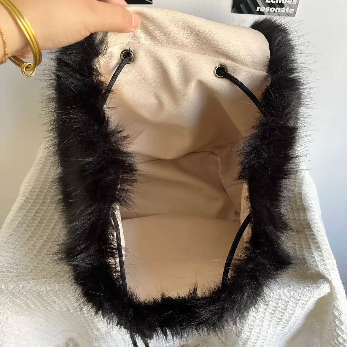 Black Plush Backpack Y2K Gothic Cross Fluffy Fur Backpack