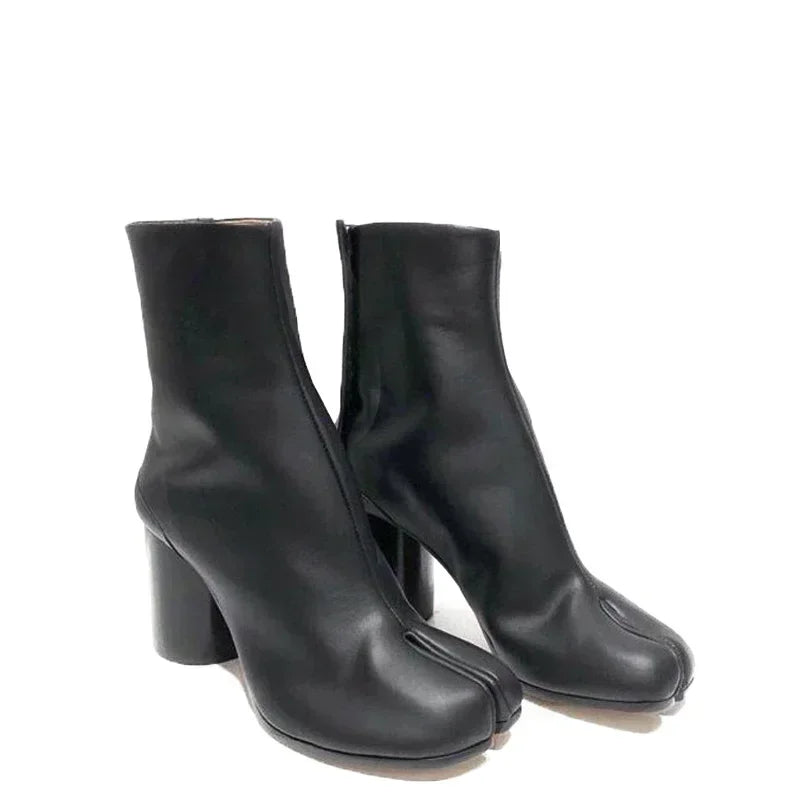 Genuine Leather Tabi Split-Toe Ankle Boots – Chunky Heel