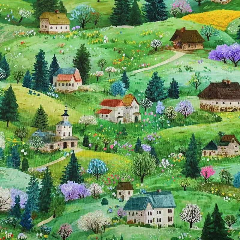 GREEN HANDPAINTED ARCHITECTURE COTTON FABRIC - 100% Cotton, Woven Brocade - Creative Rooms