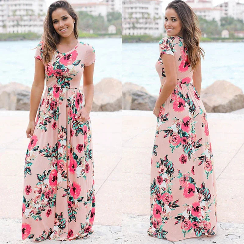 Summer Maxi Dress Women 2025 Pink Floral Print Boho Beach Dress Ladies Evening Party Long Dress Sundress Vestidos De Festa 3XL