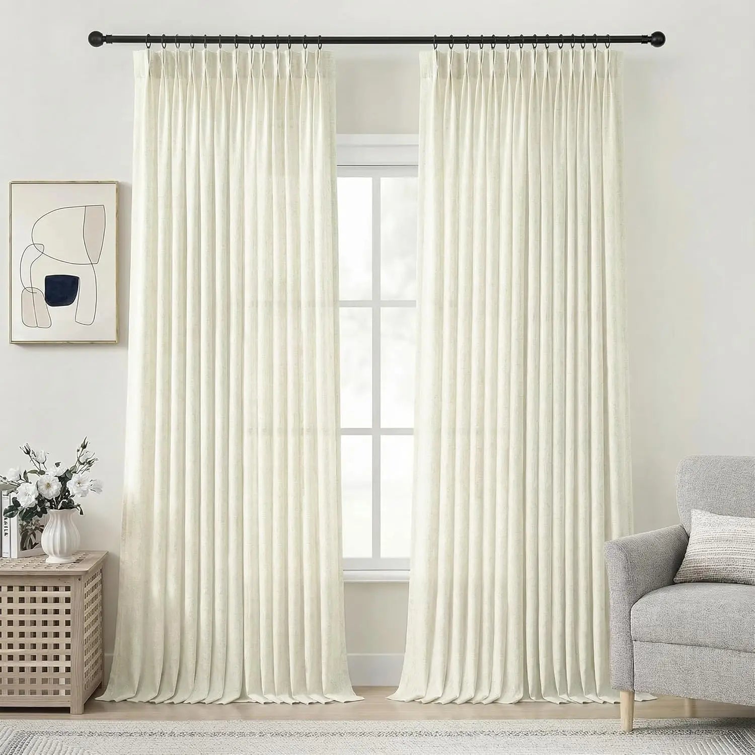 PINCH PLEAT LINEN CURTAINS - Heavy 280gsm Semi-Sheer Panel - Structured Drape, Quiet Rooms