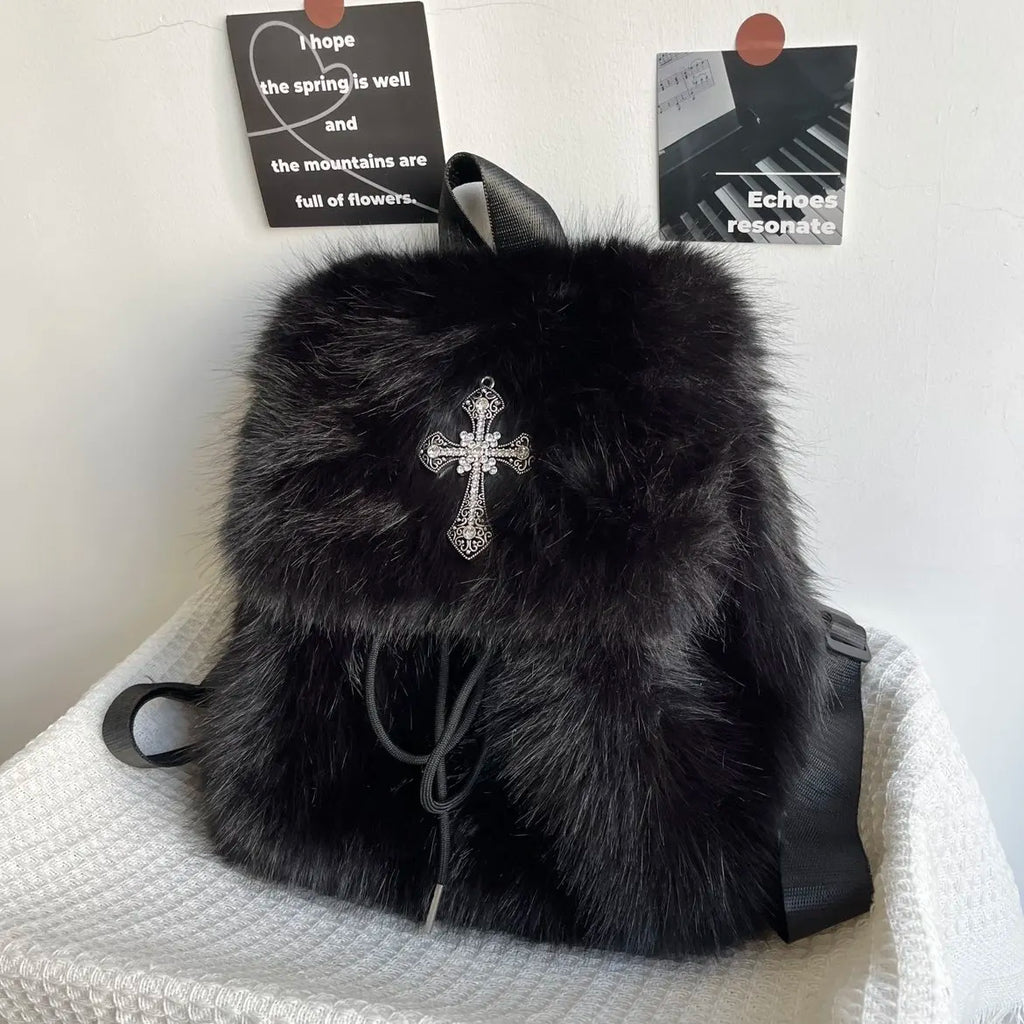 Black Plush Backpack Y2K Gothic Cross Fluffy Fur Backpack