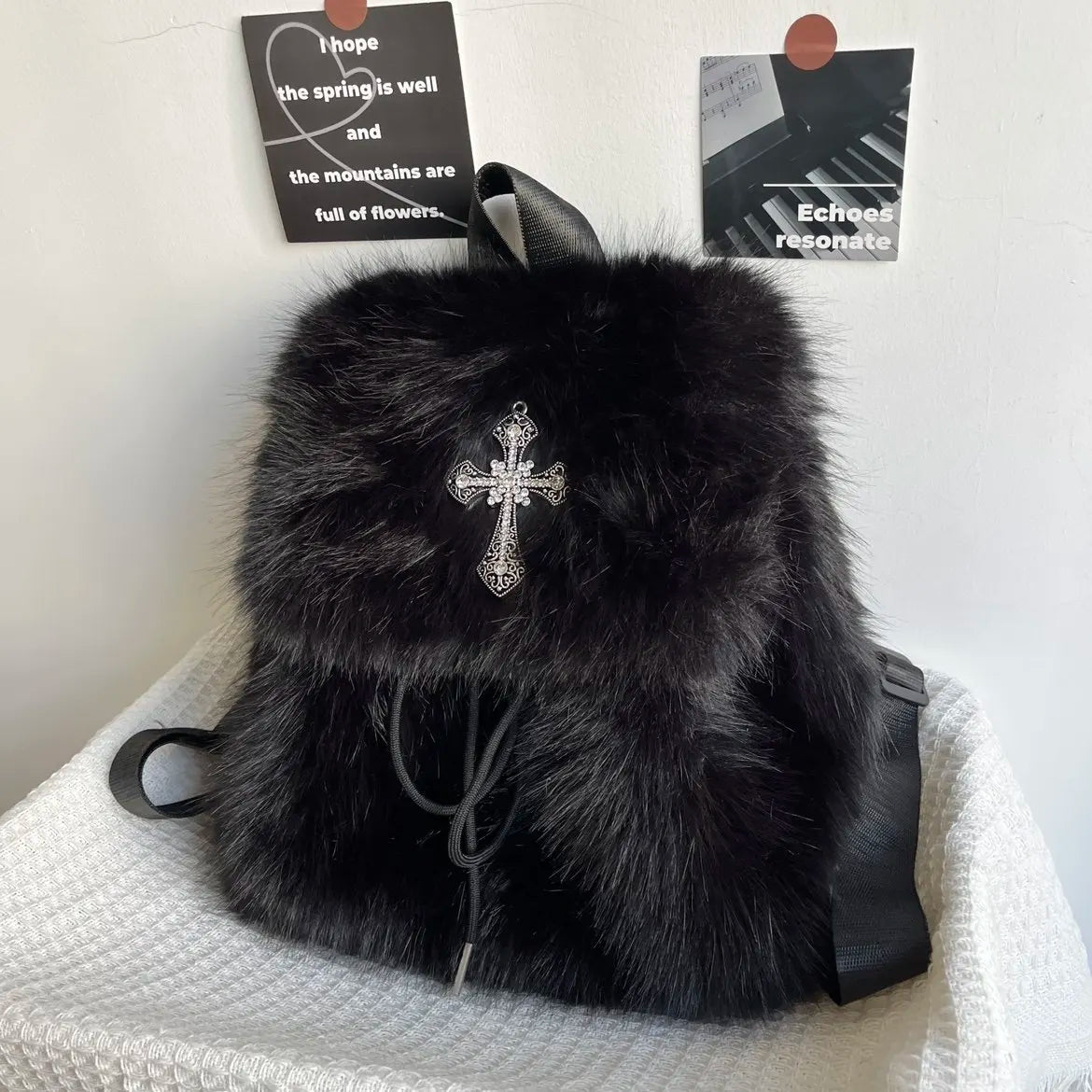 Black Plush Backpack Y2K Gothic Cross Fluffy Fur Backpack