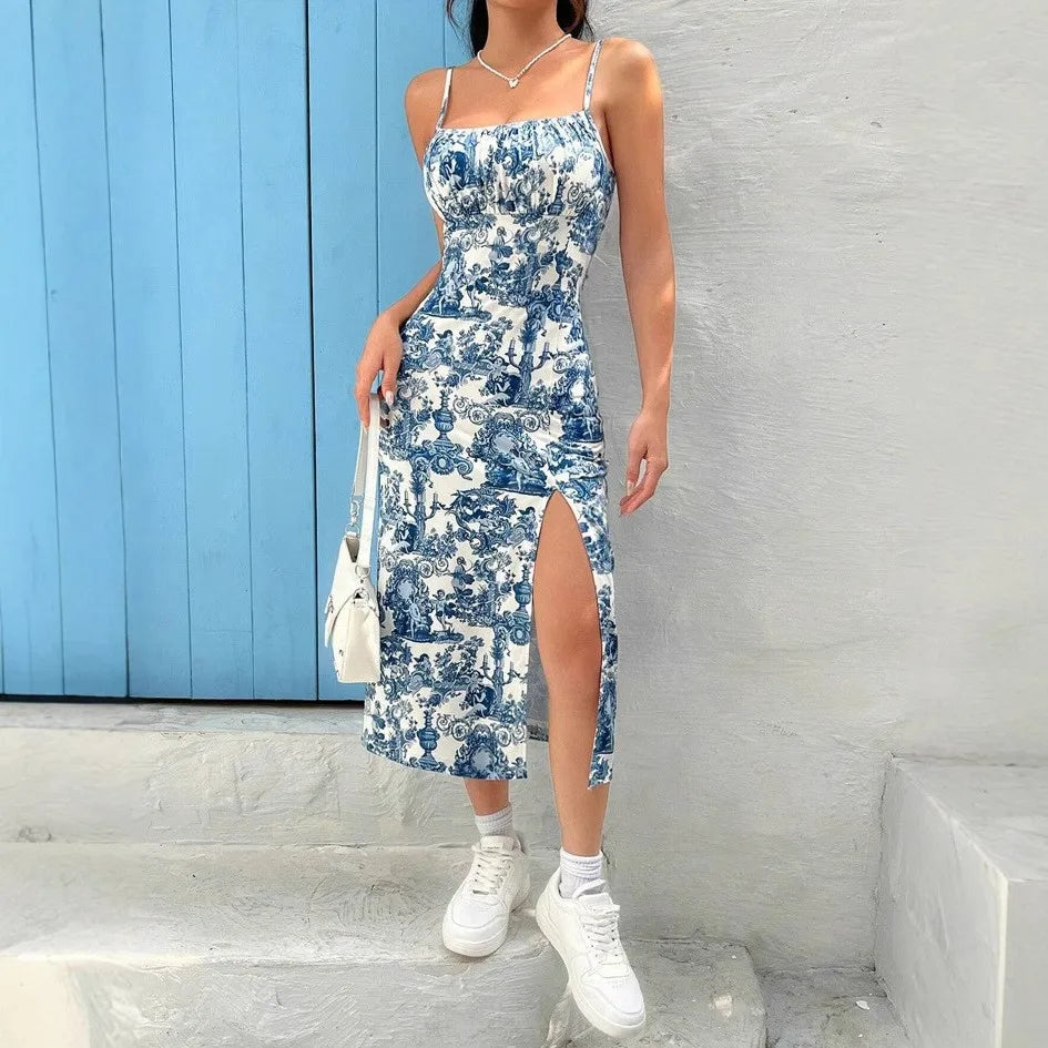 Fall 2025 Long Dress Strapless Wrap Chest High Slit Daisy Leopard Print Wrap-around Skirt Maxi Dress
