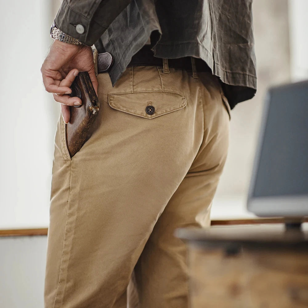 TWILL CLASSIC - Men's Vintage Heavyweight Cotton Twill Straight Pants - Khaki, W28–36
