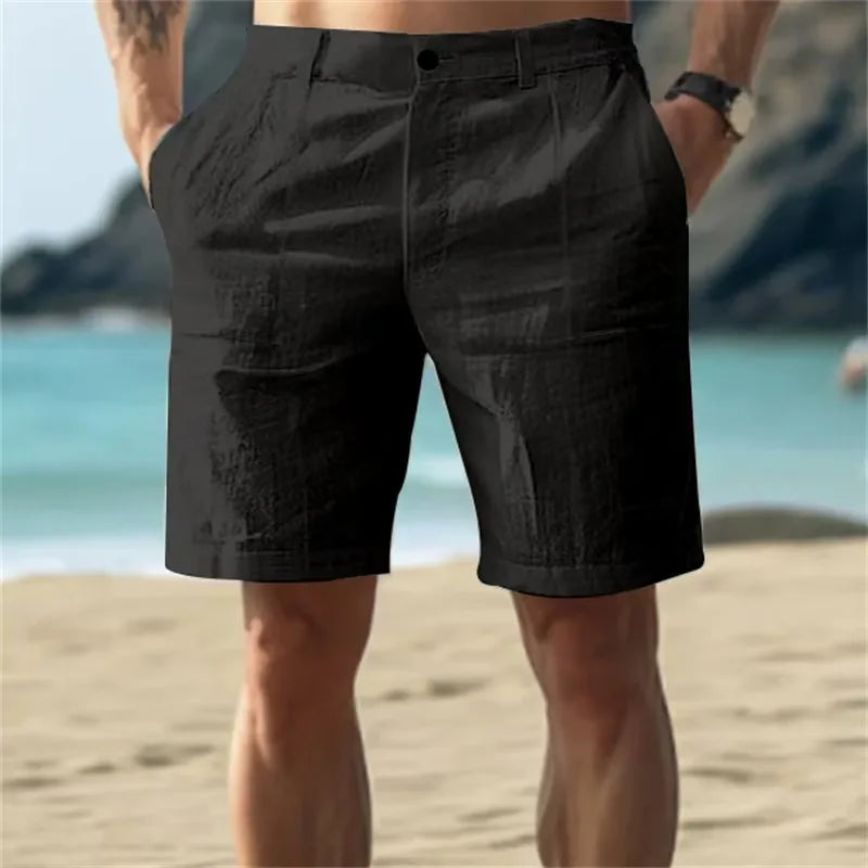 2025 Men's Solid Color Casual Short Pants Linen Beach Breathable Comfortable Straight Short Trousers Hawaiian Holiday Men's Pants