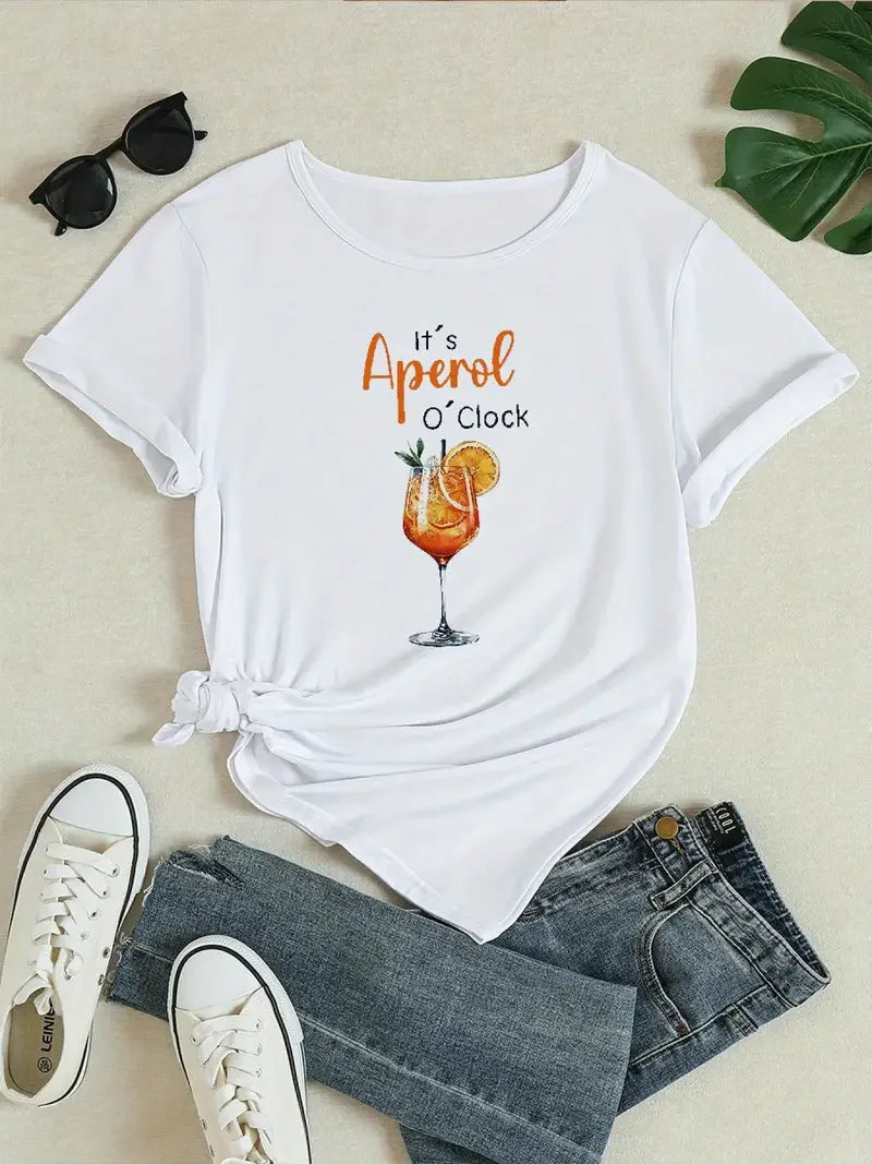 Aperol O'Clock Print Women's Crew Neck T-Shirt Casual Short Sleeve Letter Print Spring Summer Top Tee T Shirt Women Clothes