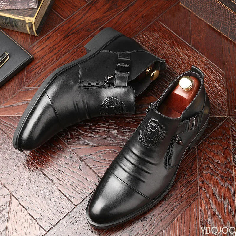 KNIGHT EDGE - Men's Pointed Toe Zip Ankle Boots - Street Style, PU Leather, Winter