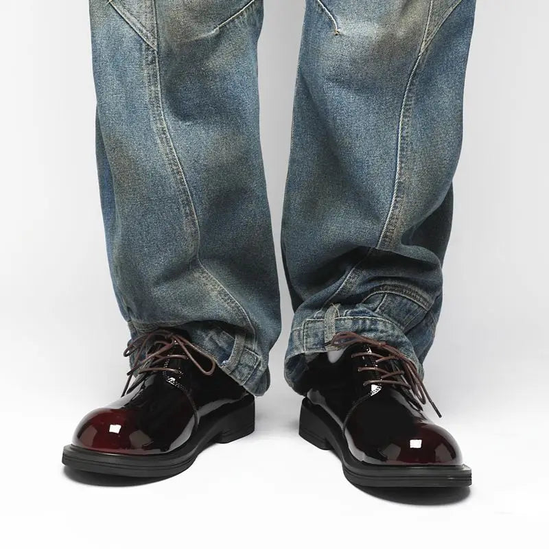 GLOSS BOSS - Men's Patent Leather Derby Shoes - Thick-Sole Lace-Up Casual Dress Shoes in Black & Burgundy