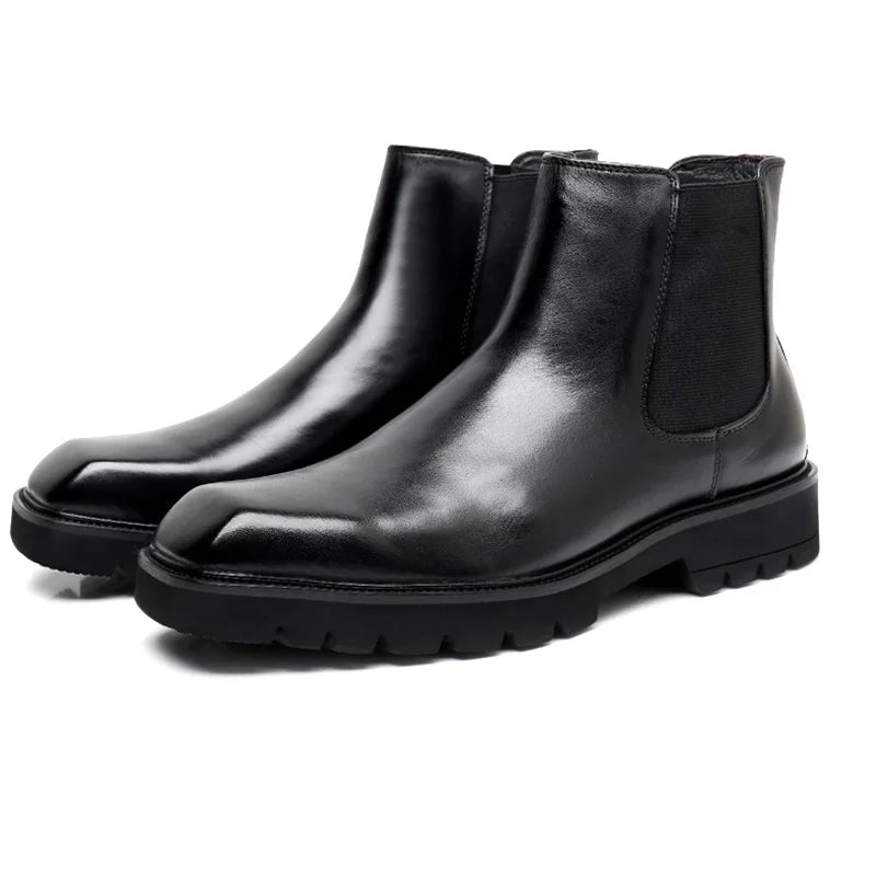 SQUARE BRIT - Men's Genuine Leather Chelsea Boots - Square Toe, High-Top, Thick Sole