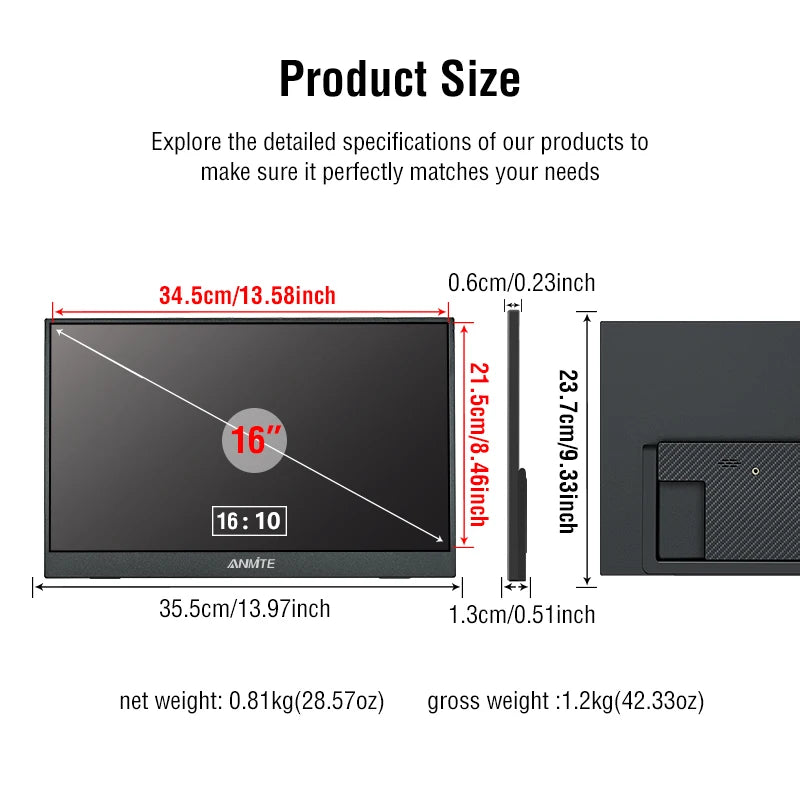 Anmite 16-Inch Portable Touch Monitor Non-touch optional 1200P HDR 16:10 For XBox PS4 / 5 Switch Cell Phone PC Laptop Extension