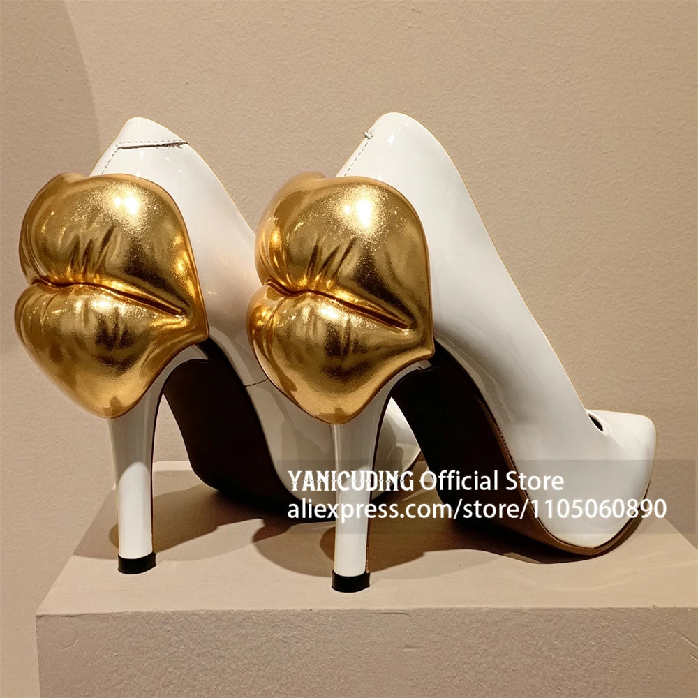 KISS KILLER - Lip Pumps - White Patent With Red Lips Heel