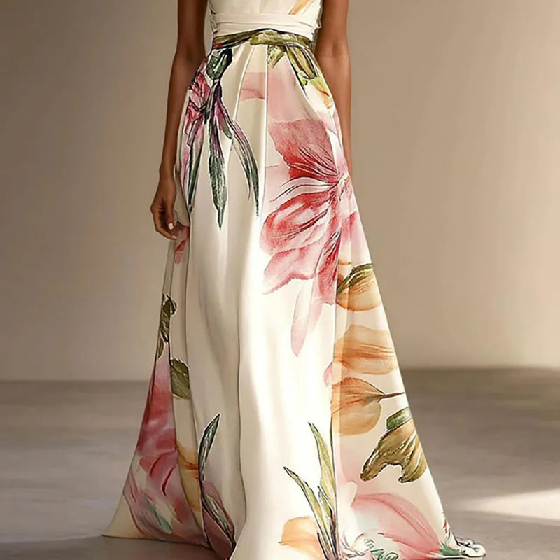 Sexy Bohemian Beach Holiday Dress Woman Elegant Floral Print High Waist Long Dress Spring Summer One Shoulder Maxi Dress