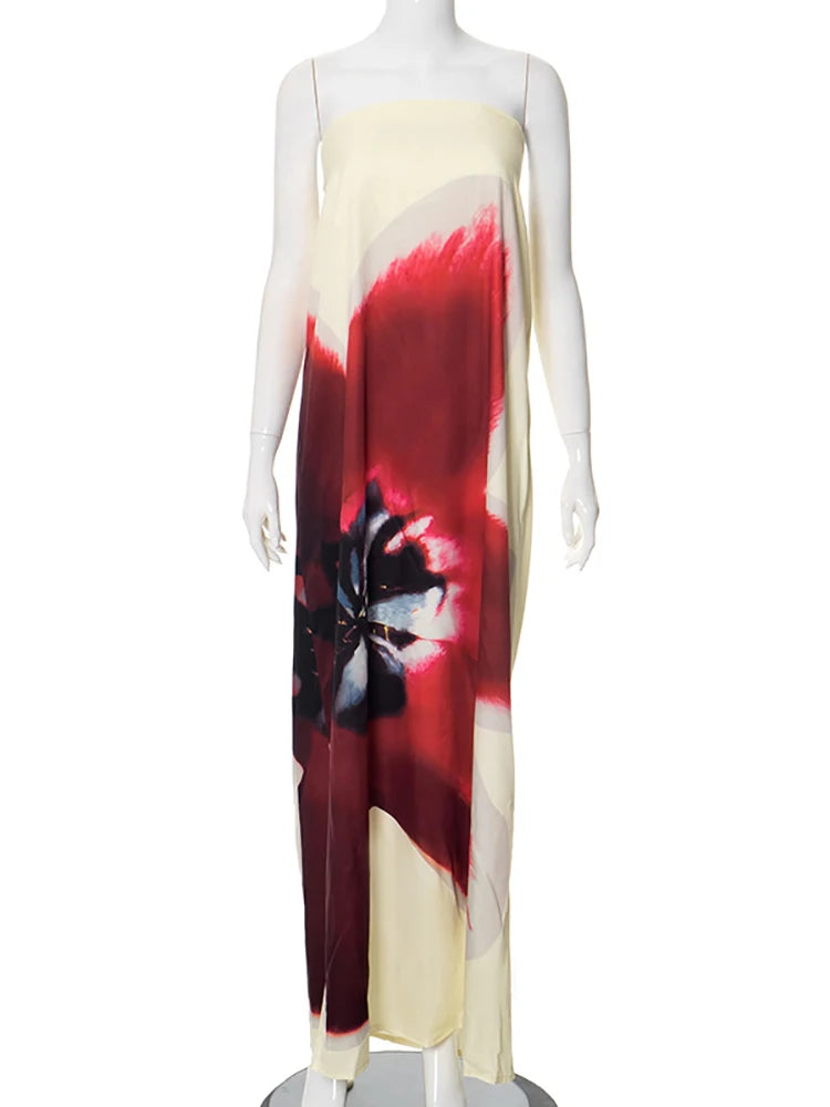 JULISSA MO Sexy Strapless Print Floral Belt Women Maxi Dress Yellow Backless Vacation Dress Summer Loose Elegant Party Beachwear
