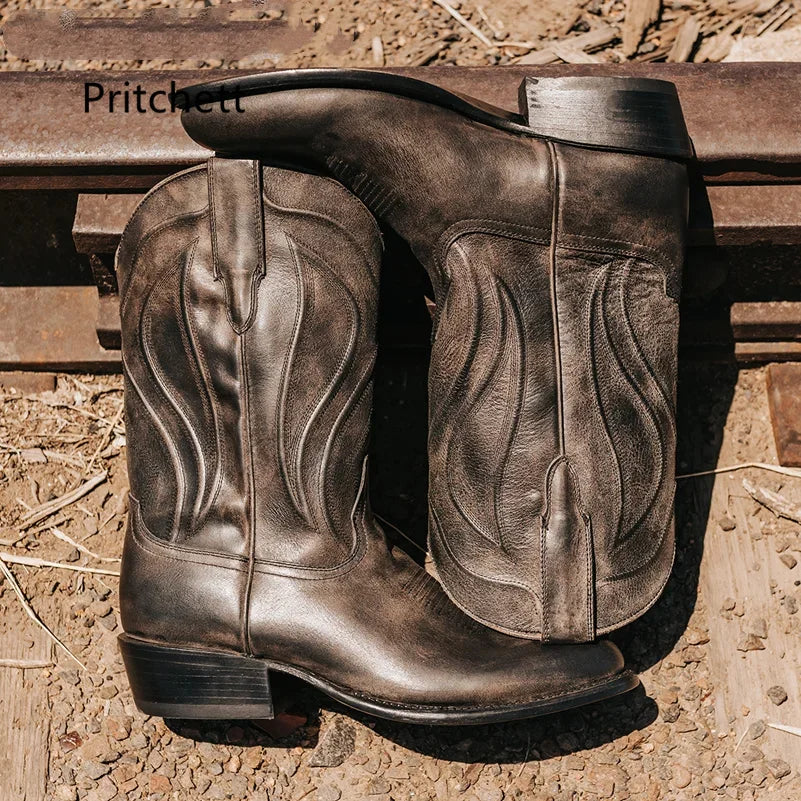 Men's Totem Western Cowboy Boots - Genuine Leather Mid-Calf Slip-On Waterproof Retro