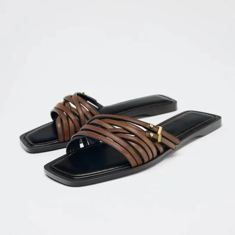Women's Flat Slides Sandals Vintage Square Toe, Leather Strappy Buckle Outdoor Casual Shoes for Summer Fashion
