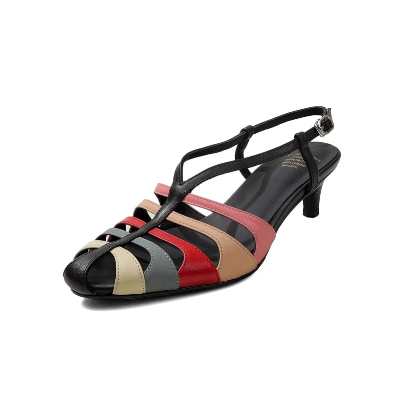 2026 New Genuine Leather Cowhide Women Sandals Buckle High Heels Mixed Color  Sandals Summer Fashion Party Womens Shoes