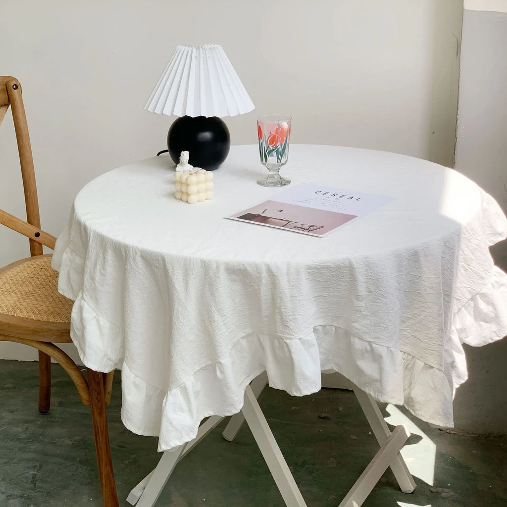 VINTAGE RUFFLED TABLECLOTH - White Cotton, Ruffled Edge - Soft Table Styling
