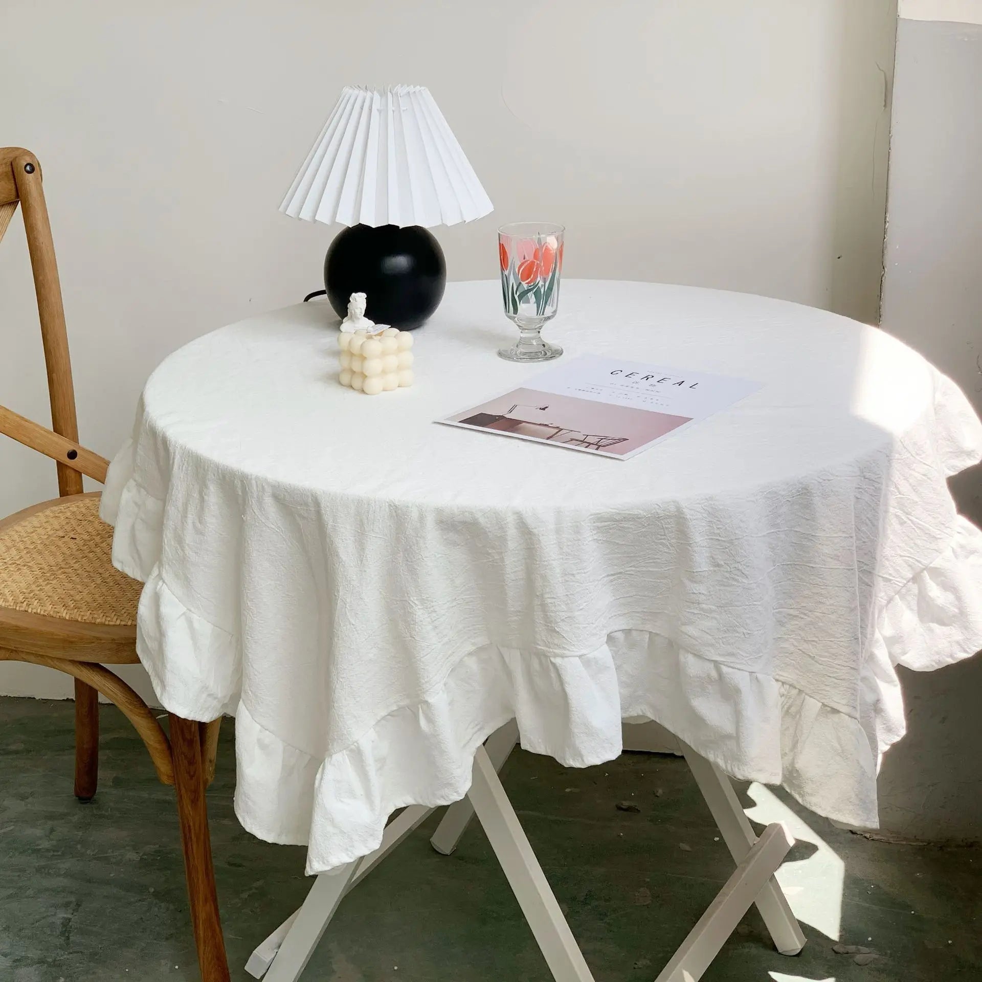 VINTAGE RUFFLED TABLECLOTH - White Cotton, Ruffled Edge - Soft Table Styling