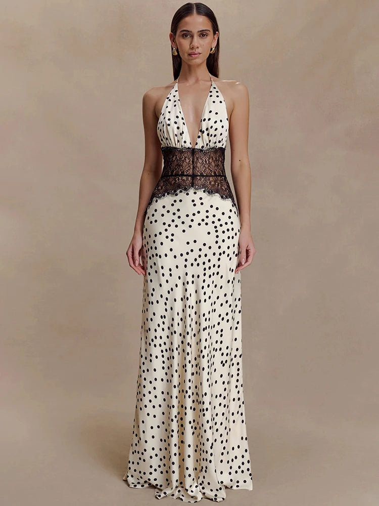 Mozision Polka Dot Backless Sexy Maxi Dress Women Gown Elegant Patchwork Lace Halter Deep V Neck Sleeveless Bodycon Club Dress