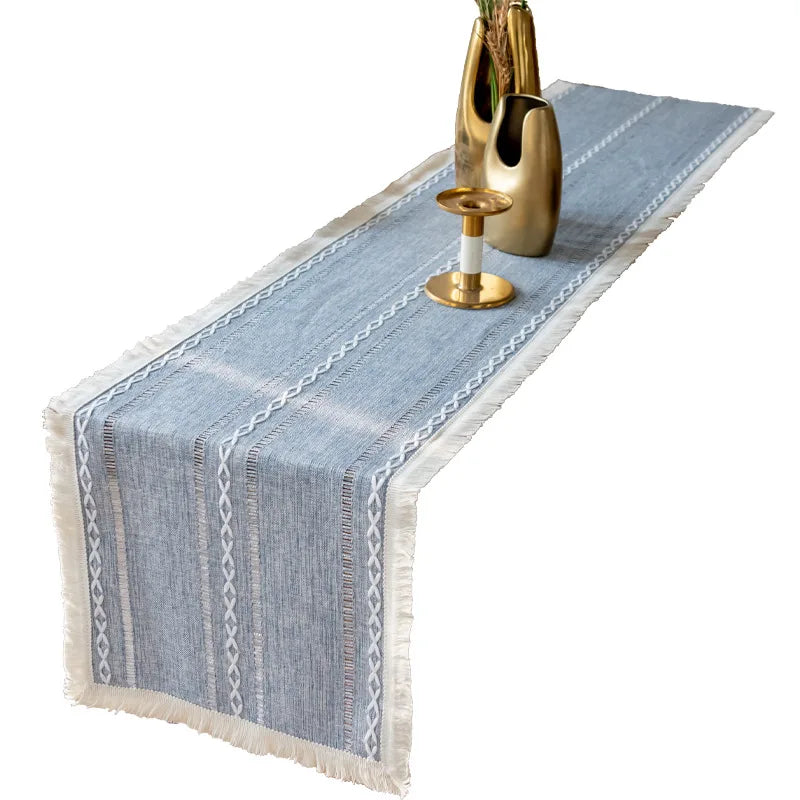 Farmhouse Table Runner Grey Blue 13x72 Inch Cotton Linen Embroidered Striped Boho Wedding Party Rustic Home Christmas Decoration