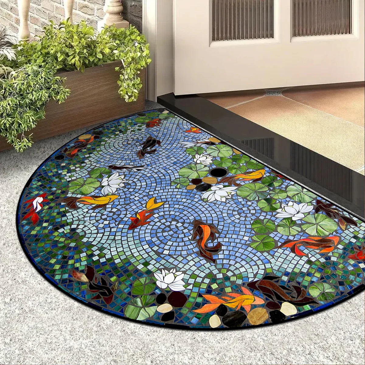 FLORAL SEMI-CIRCLE DOORMAT - Short-Loop Polyester, 8 Patterns & 9 Sizes - Soft Entries