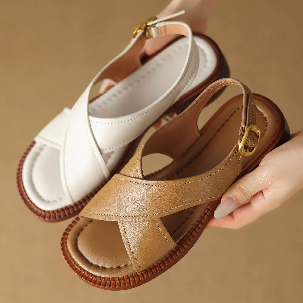 Women's flat sandals genuine leather cross strap open-toe summer casual female footwear high quality soft comfortable plus size