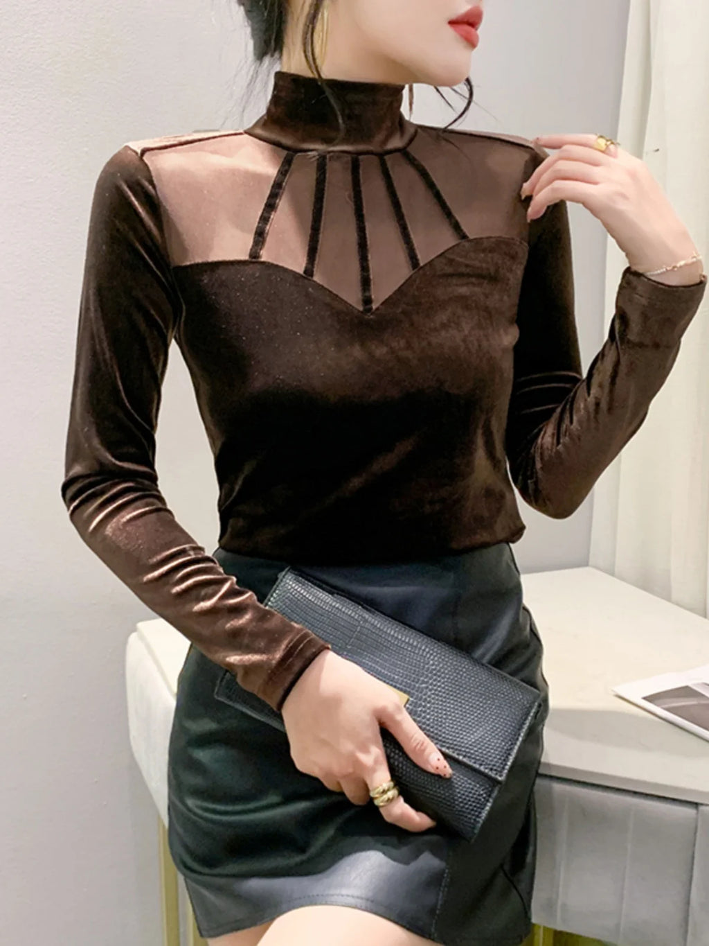 Velvet Mesh Turtleneck Top - Long Sleeve Slim Fit Elegant