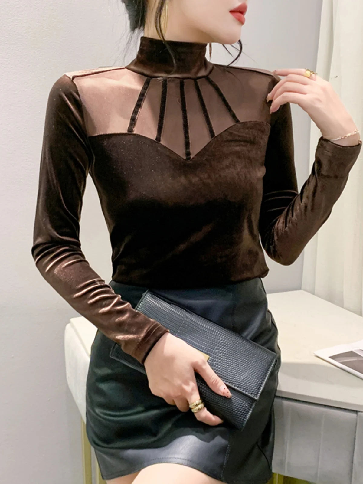 Velvet Mesh Turtleneck Top - Long Sleeve Slim Fit Elegant