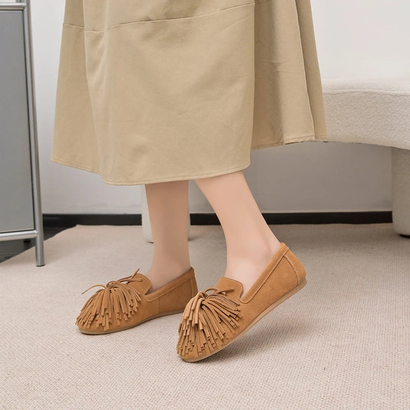 AIYUQI Women's Flat Shoes Genuine Leather 2026 New Tassel Women's Loafers Large Size Ballet Mary Jane Shoes For Women