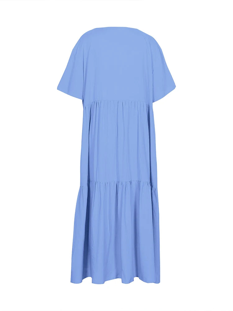 Plus Size 2025 Summer New V-neck Short Sleeve Pleated Solid Color Loose Casual Midi Dress Basic Hem Pleated