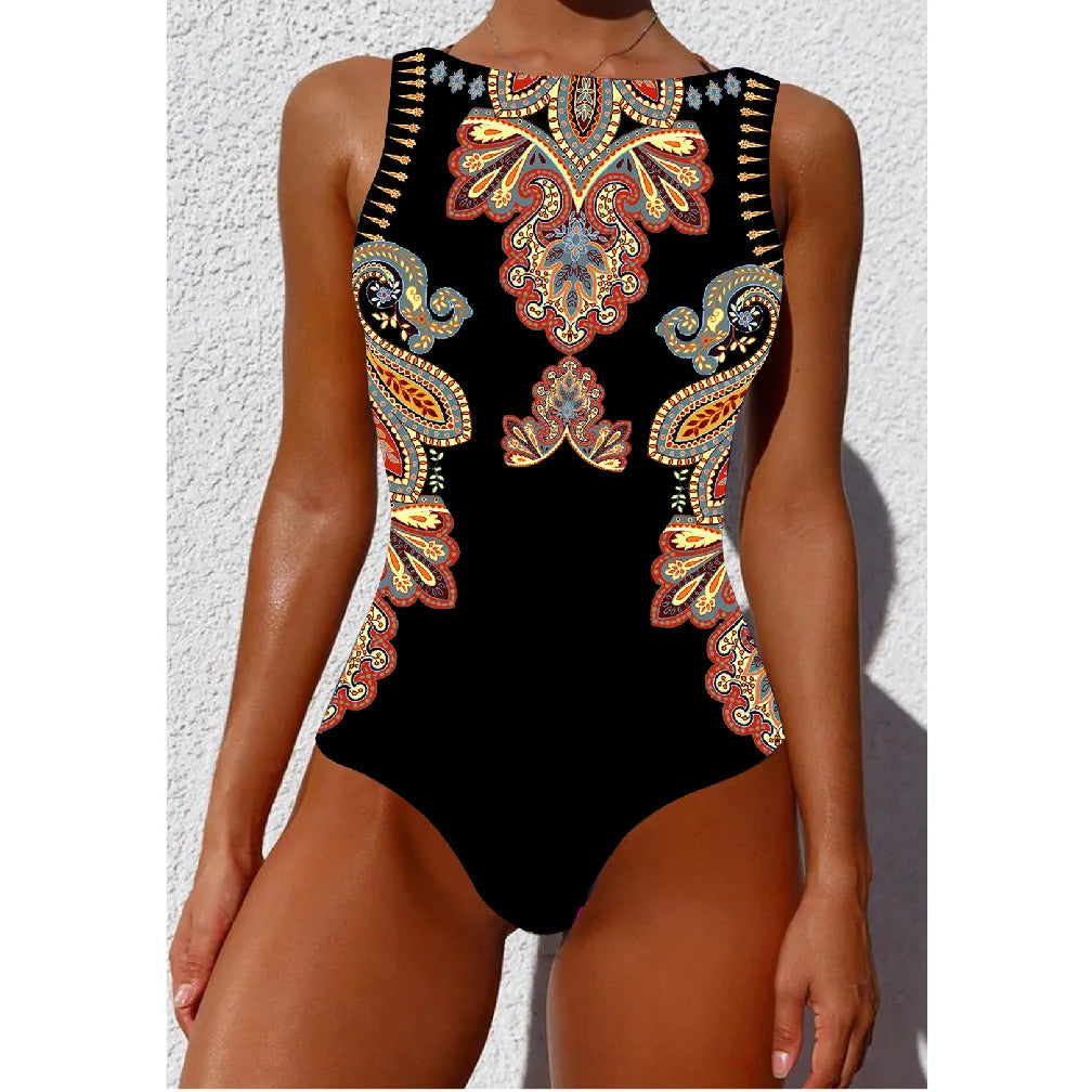 2026 New Printed One-piece Swimsuit Classic Printed Lace Up Swimsuit Women's Push Up Flower One-piece Suit Beach Wear For Female