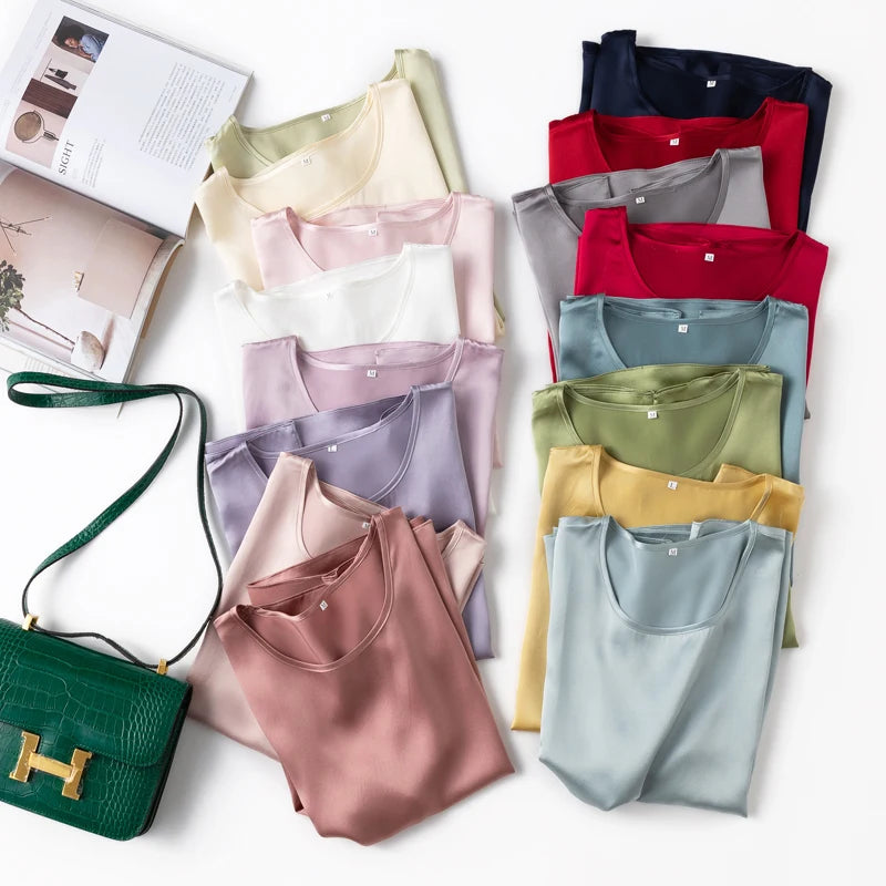 100% Mulberry Silk 19 Momme Charmeuse Silk Women Tank Top T-shirt Short Sleeve Shirt Blouse Solid Colors Summer M L XL AA4270