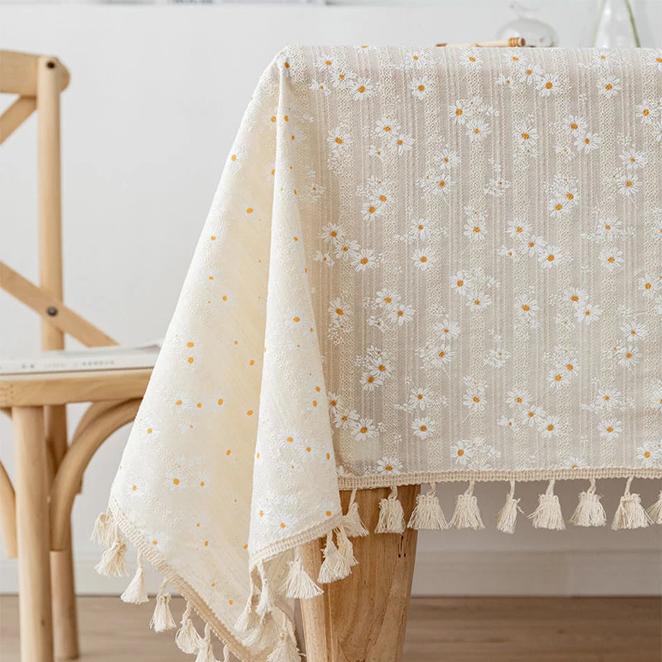 DAISY FLORAL COTTON TABLECLOTH - Embroidered, 11 Styles, Round & Rectangle - Garden Table