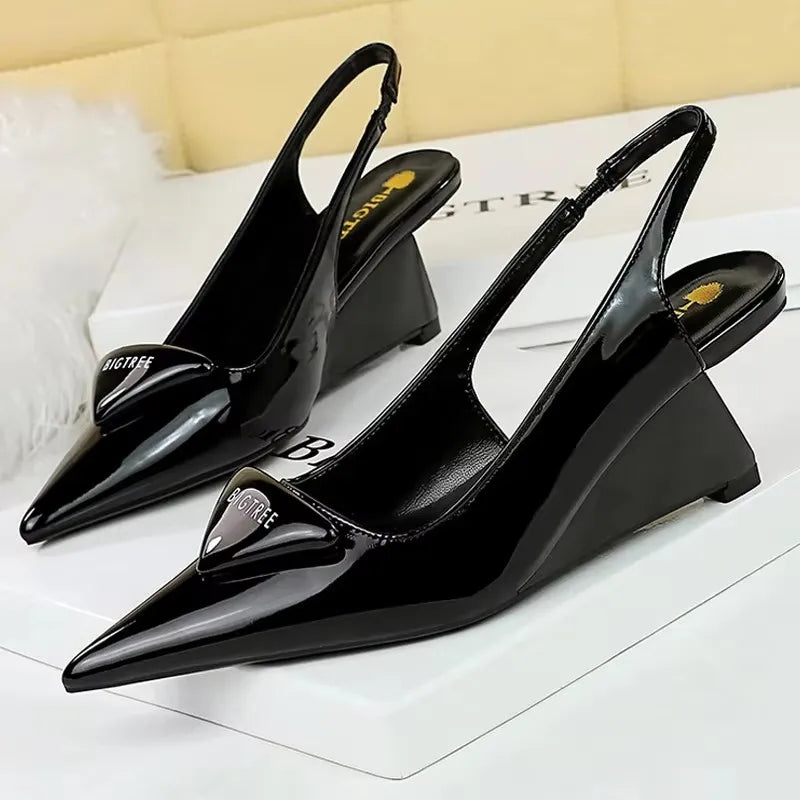 Patent Leather Wedge Pumps – Pointed Toe Hollow Back Strap