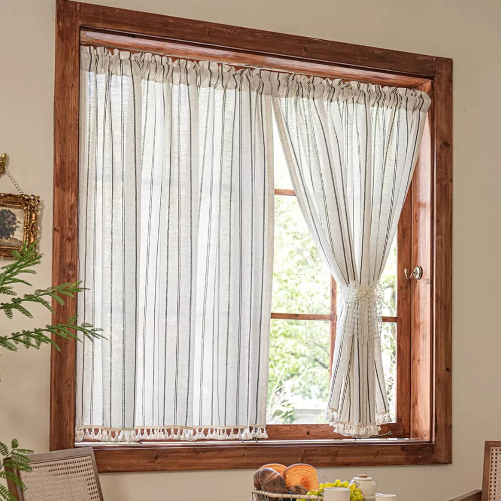 Japanese Style Linen Cotton Curtain, Tassel Fringe Pattern, Coffee Lace Curtains, Farmhouse Balcony Half Curtain, Korean Partiti