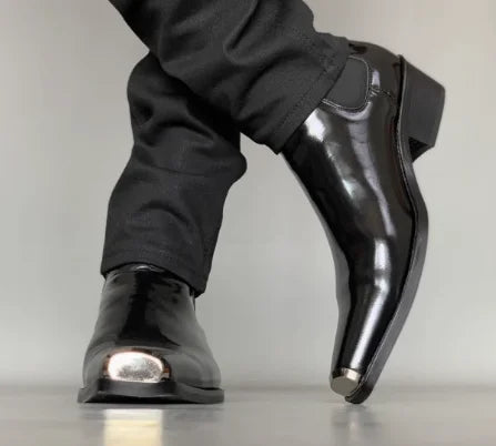 Men's Genuine Leather Chelsea Boots - Metal Square Toe Slip-On Motorcycle Ankle Boots
