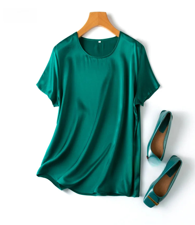 100% Mulberry Silk 19 Momme Charmeuse Silk Women Tank Top T-shirt Short Sleeve Shirt Blouse Solid Colors Summer M L XL AA4270