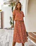 Rust Spotted Print Shirt Midi Dress – Short Sleeve Drawstring Waist