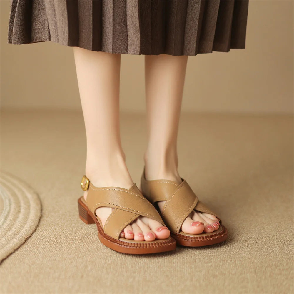 Women's flat sandals genuine leather cross strap open-toe summer casual female footwear high quality soft comfortable plus size
