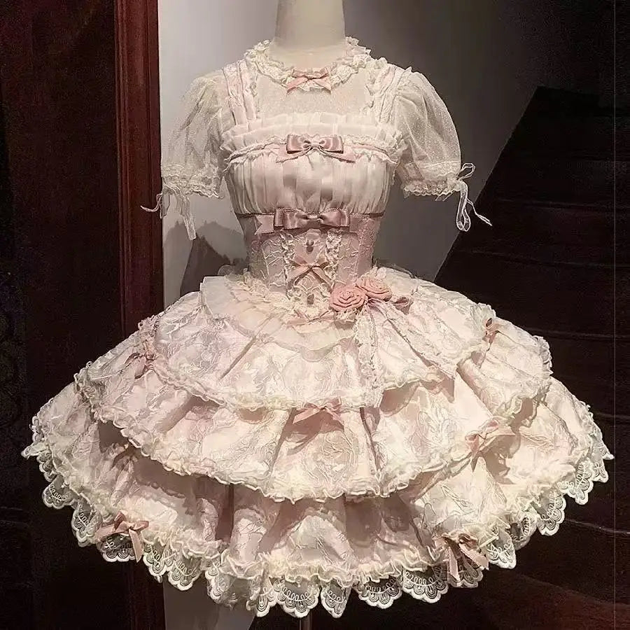 2026 New Sweet Lolita Dress Women Ruffled Lace Halter Neck Cute Dress Bow Princess Party Dress Kawaii Gothic Cosplay Costume