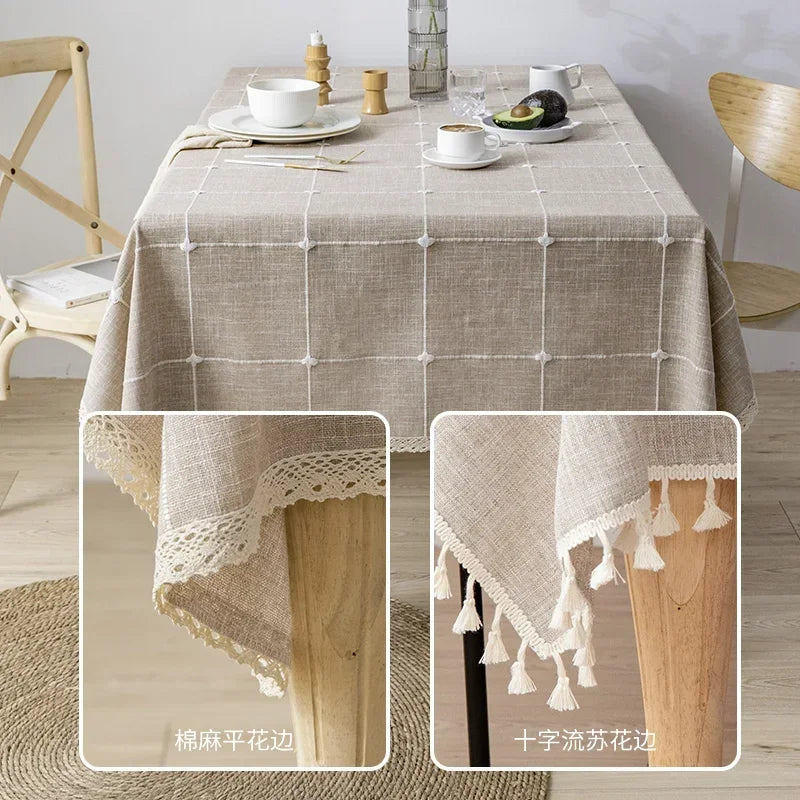 EMBROIDERED LINEN TASSEL TABLECLOTH - Handmade Cotton Linen Cover - Soft & Elegant