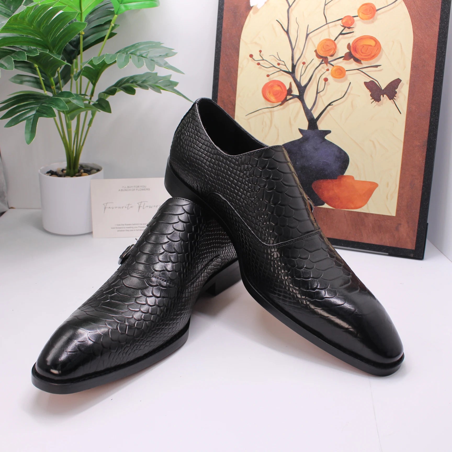 CROCODILE GRAIN DRESS SHOES - Men's Handmade Cow Leather Lace-Up Brogue Business Shoes Waterproof - Black & Red