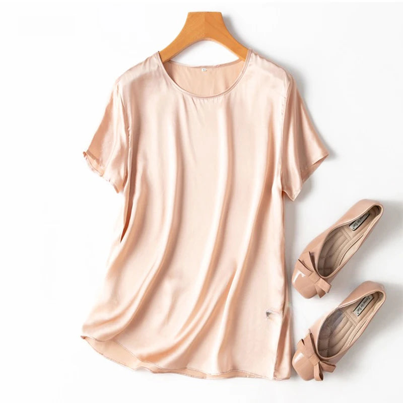 100% Mulberry Silk 19 Momme Charmeuse Silk Women Tank Top T-shirt Short Sleeve Shirt Blouse Solid Colors Summer M L XL AA4270